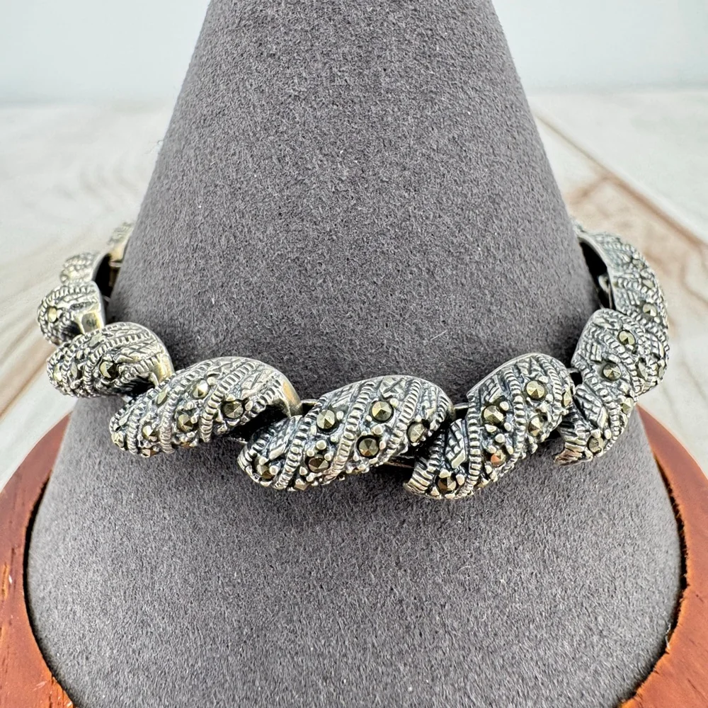 Sterling Silver Marcasite Link Bracelet Stamped 925 Vintage Estate Jewelry